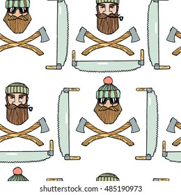 Vector seamless pattern with hand drawn lumberjacks heads, axes and hand saws. Cute characters, beautiful design elements. 