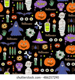 Vector seamless pattern with hand drawn colored symbols of Halloween on black color. Background for use in design, packing, web site, fabric