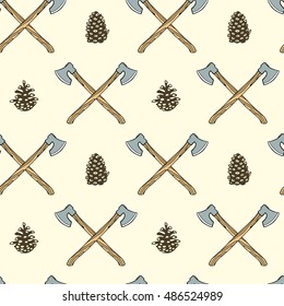 Vector seamless pattern with hand drawn crossed axes and pine cones. Beautiful design elements. Lumberjack theme