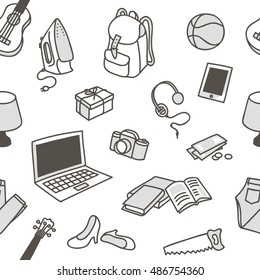 Vector Seamless Pattern with Hand Drawn Stuff. Cartoon Doodle Design Elements on Endless Background.