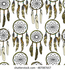 Vector seamless pattern with hand drawn round dreamcatchers. Ancient native american's sacred symbol. Beautiful ethnic design elements.