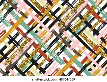 Vector seamless pattern with hand drawn gold glitter textured brush strokes and stripes hand painted. Black, gold, white, pink, green, red, brown colors.