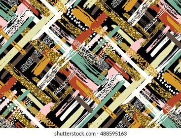 Vector seamless pattern with hand drawn gold glitter textured brush strokes and stripes hand painted. Black, gold, white, pink, green, red, brown colors.