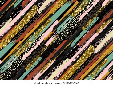 Vector naadloos patroon met hand getekende goud glitter getextureerde penseelstreken en strepen hand geschilderd. Zwart, goud, wit, roze, groen, rood, bruin kleuren.