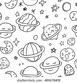 Vector seamless pattern with hand drawn space elements, planets, stars and other. 