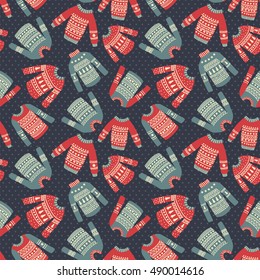 vector seamless pattern with hand drawn Christmas ugly sweaters in vintage style