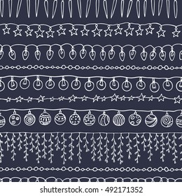 Vector seamless pattern with hand drawn holiday festoons. Hand drawn borders of light bulbs, Christmas balls and stars. Beautiful Christmas and New Year design elements. 