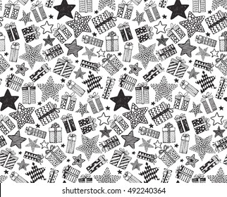 Vector seamless pattern with hand drawn ornate presents, stars and Christmas trees on white background. Holiday black and white endless background in graphic doodle style for prints, cards, scrapbook