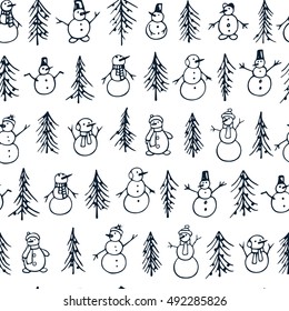 Vector seamless pattern with hand drawn cute snowmen and Christmas trees. Beautiful Christmas design, perfect for prints and patterns