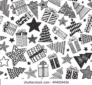 Vector seamless pattern with hand drawn ornate presents, stars and Christmas trees on white background. Holiday black and white endless background in graphic doodle style for prints, cards, scrapbook.