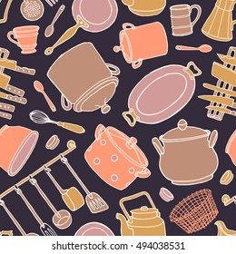 Vector seamless pattern with hand drawn vintage kitchenware. Illustration for backgrounds, web design, textile prints, covers, greeting cards.