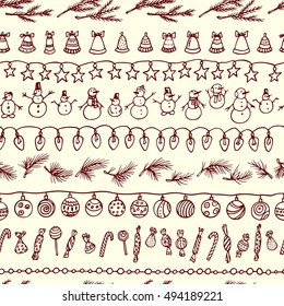 Vector seamless pattern with hand drawn holiday elements. Hand drawn borders of light bulbs, candies, snowmen, pine branches and stars. Beautiful Christmas and New Year design elements.