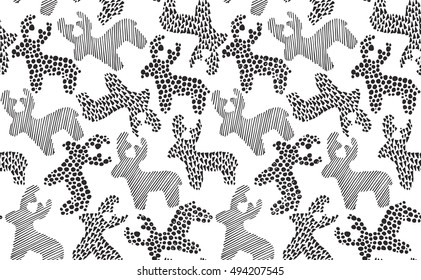 Vector seamless pattern with hand drawn Christmas deers on white background. Black and white endless background in graphic doodle style for prints, cards, scrapbook