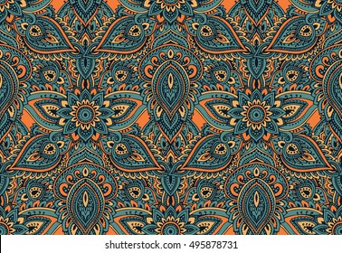 Vector Seamless Pattern With Hand Drawn Henna Mehndi Floral Elements. Beautiful Colorful Endless Background In Oriental Indian Style.