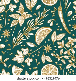 Vector seamless pattern with hand drawn lime and spices. Half lime, leaf, spices and seed sketch. Engraved style illustration. Detailed citrus drawing.