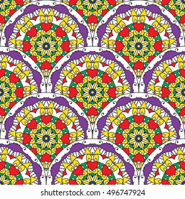 Vector seamless pattern with hand drawn mandala. Surface pattern design. Fabric print. Ethnic, tribal, indian, islam,arabic motifs. Abstract background