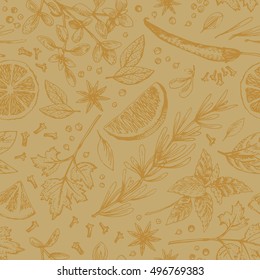 Vector seamless pattern with hand drawn lime and spices. Half lime, leaf, spices and seed sketch. Engraved style illustration. Detailed citrus drawing.