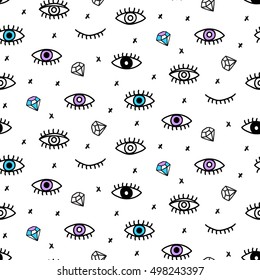 Vector Seamless pattern with hand drawn open and winking psychedelic eyes and lashes isolated on white. Fashion background, textile print