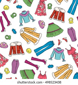 Vector seamless pattern with hand drawn colored fashionable clothes for women. Pattern on the theme of beauty and fashion. Background for use in design, packing, web site, fabric