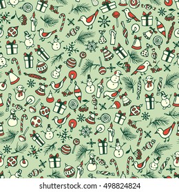 Vector seamless pattern with hand drawn Christmas elements. Beautiful Christmas design, perfect for prints and patterns