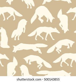 Vector seamless pattern with hand drawn fox silhouettes. Jumping, running and sitting foxes. Beautiful animal design elements, perfect for prints and patterns.