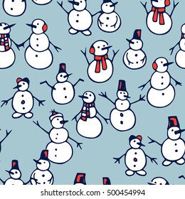 Vector seamless pattern with hand drawn cute snowmen. Beautiful Christmas design, perfect for prints and patterns