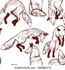 Vector seamless pattern with hand drawn hunting foxes made with pen and ink. Realistic illustration of jumping foxes, made in vintage style. Beautiful animal design elements.