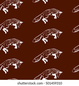 Vector seamless pattern with hand drawn hunting foxes made with pen and ink. Realistic illustration of foxes, made in vintage style. Beautiful animal design elements.