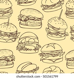 Vector seamless pattern with hand drawn delicious burgers. Beautiful food design elements, perfect for prints and patterns