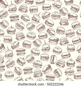 Vector seamless pattern with hand drawn delicious burgers. Beautiful food design elements, perfect for prints and patterns