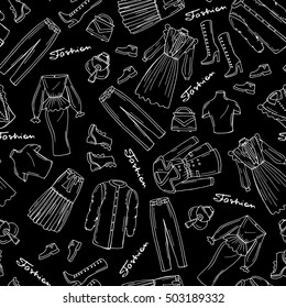 Vector seamless pattern with hand drawn isolated fashionable clothes for women on black color. Pattern on the theme of fashion and beauty. Background for use in design