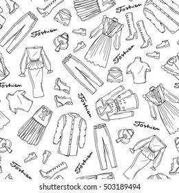 Vector seamless pattern with hand drawn isolated fashionable clothes for women on white color. Pattern on the theme of fashion and beauty. Background for use in design