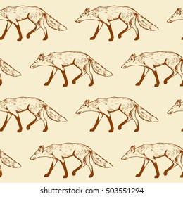 Vector seamless pattern with hand drawn running foxes made with pen and ink. Realistic illustration of foxes, made in vintage style. Beautiful animal design elements.