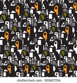 Vector seamless pattern with hand drawn stripped buildings. Blue background.