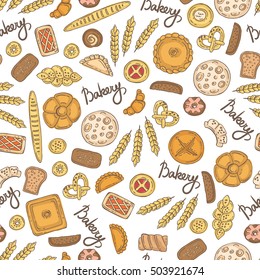 Vector seamless pattern with hand drawn colored bakery products. Pattern on the theme of food. Background for use in design