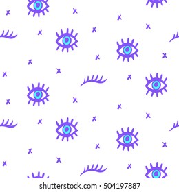 Vector Seamless pattern with hand drawn open and winking neon psychedelic eyes doodle. Fashion background, textile print