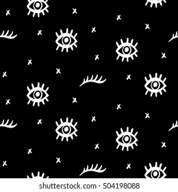 Vector Seamless pattern with hand drawn open and winking psychedelic eyes on black background. Fashion background, textile print
