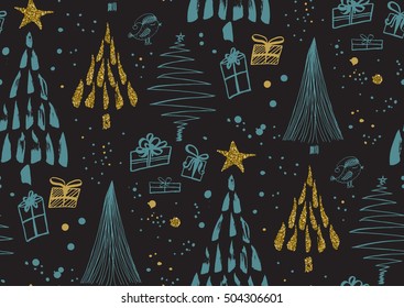 Vector seamless pattern with hand drawn ink gold glitter textured brush strokes. Christmas trees forest, gift boxes, ink dots and splatters. Black, gold, blue colors.