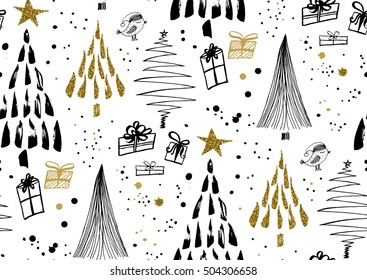 Vector seamless pattern with hand drawn ink gold glitter textured brush strokes. Christmas trees forest, gift boxes, ink dots and splatters. Black, gold, white colors.