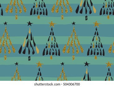 Vector seamless pattern with hand drawn ink gold glitter textured brush strokes. Christmas trees forest on the striped seamless backdrop. Black, gold, green colors.