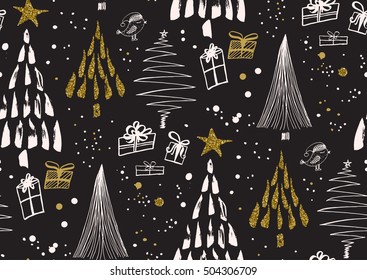 Vector seamless pattern with hand drawn ink gold glitter textured brush strokes. Christmas trees forest, gift boxes, ink dots and splatters. Black, gold, light pink colors.