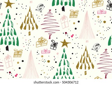 Vector seamless pattern with hand drawn ink gold glitter textured brush strokes. Christmas trees forest, gift boxes, ink dots and splatters. Black, gold, pink, green, brown, white colors.