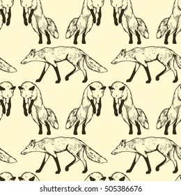 Vector seamless pattern with hand drawn foxes made with pen and ink. Realistic illustration of foxes, made in vintage style. Beautiful animal design elements.