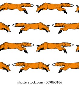 Vector seamless pattern with hand drawn running foxes made with pen and ink. Realistic illustration of foxes, made in vintage style. Beautiful animal design elements.