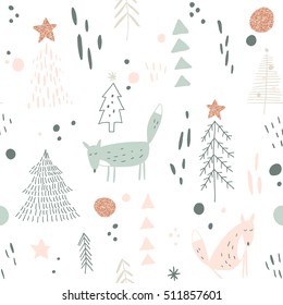 vector seamless pattern with hand drawn foxes and Christmas trees