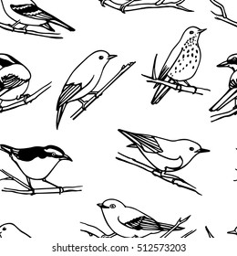 Vector seamless pattern with hand drawn birds sitting on the branches. Ink drawing, graphic style, perfect for prints and patterns.