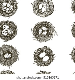 Vector seamless pattern with hand drawn bird nests with eggs. Graphic style, beautiful design elements, perfect for prints and patterns.