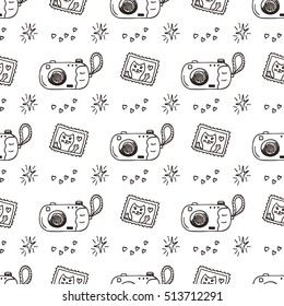 Vector Seamless Pattern With Hand Drawn Doodle Disposable Camera And Snapshots With Cat. Retro Photo Cameras 