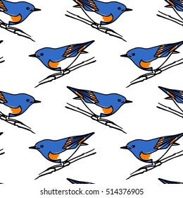 Vector seamless pattern with hand drawn blue birds sitting on the branches. Ink drawing, graphic style, perfect for prints and patterns.