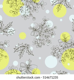 Vector seamless pattern with hand drawn holly berry and mistletoe. Romantic Christmas illustration. Perfect for greeting card, wrapper paper, postcard, banner, flyer.